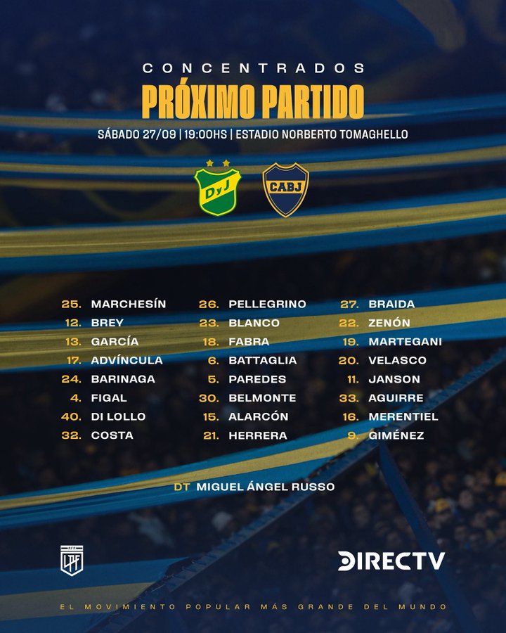 A poster announcing a soccer match between Boca Juniors and Defensa y Justicia. The text lists the date as Saturday, September 27, time as 19:00, and location as Estadio Norberto Tomaghello. Player lineups for both teams are displayed, including names like Sergio Agüero for Boca Juniors and Miguel Angel Russo as the coach. Logos for Boca Juniors, Defensa y Justicia, and DIRECTV are visible.