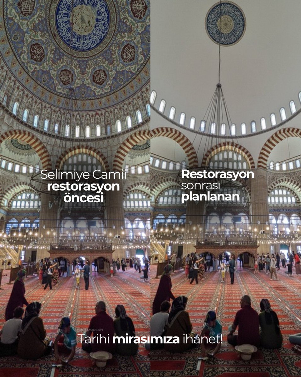 #SelimiyeyeDokunma | UNESCO Dünya Mirası Selimiye Camii’nde kubbenin asırlık bezemelerin kazınıp yerine yeni desenler yapılacak olması, tarihi mirasımıza ihanettir.

Bu uygulama, restorasyon değil, Mimar Koca Sinan’ın mirasına ve milletin ortak değerine yapılmış büyük bir