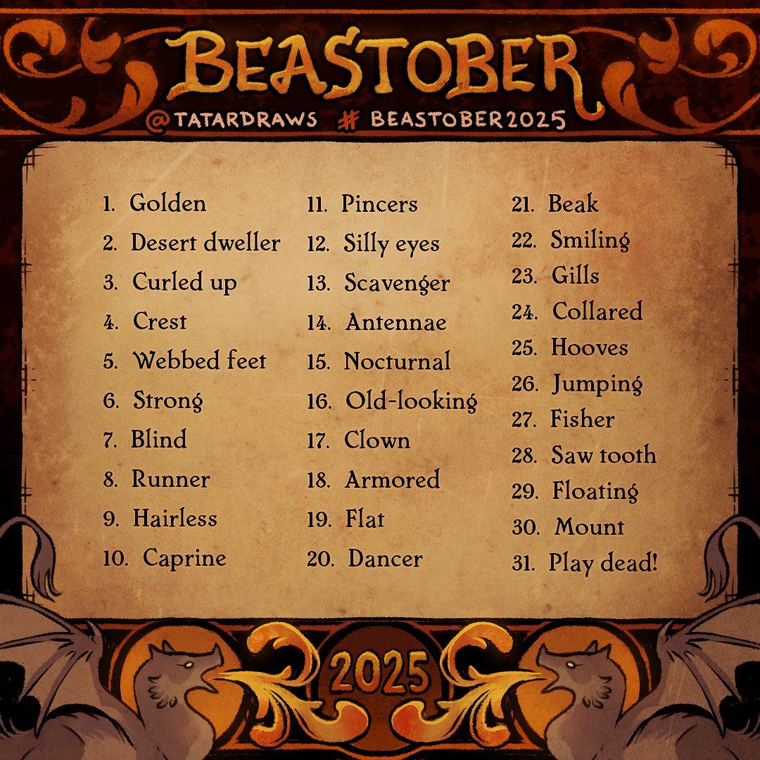 AWAWA! It's time to update our bestiaries again🐽

How to join:
💫  Draw as many creatures as you like: Existing animals, mythical beasts or something completely new!
💫 Use the hashtag #beastober2025 so i can find your art
💫 NO A1
💫 That's it! Have fun! 😘

#promptlist2025