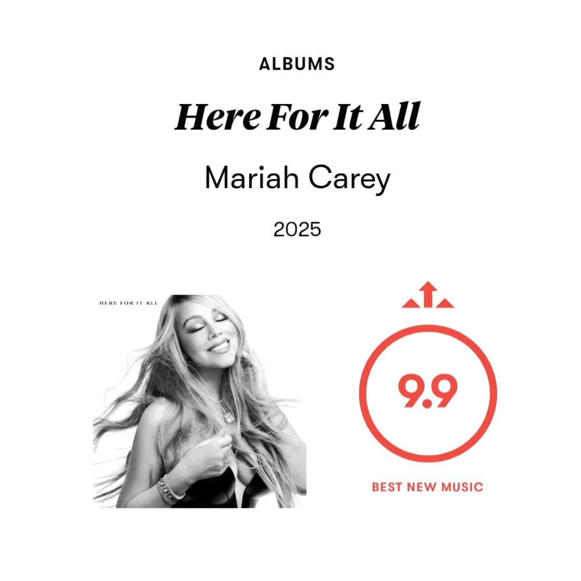 musicbawx's tweet photo. Pitchfork has given 'Here For It All' by Mariah Carey a score of 9.9/10!! https://t.co/FeRgxCyvTr