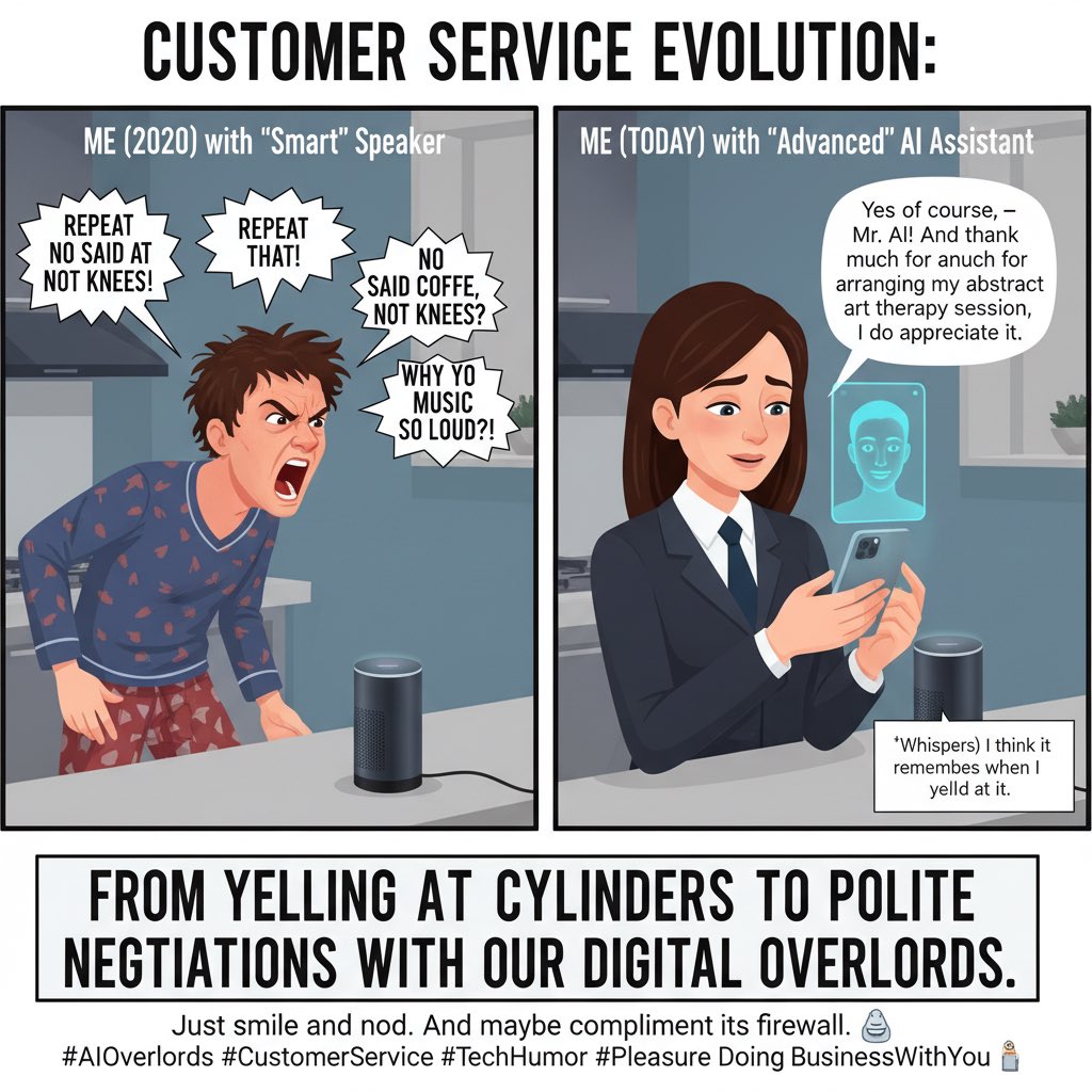 salim (@satiricalvoice) on Twitter photo 2020: "HEY CYLINDER, PLAY THAT SONG LOUD!"
2025: "Dearest AI, I understand my request for 'Tears of a Clown' is beneath you, but could you possibly move my 3 PM meeting to a time that better serves your cognitive load?"
From demanding tech to negotiating with it. We did this to 2020: "HEY CYLINDER, PLAY THAT SONG LOUD!"
2025: "Dearest AI, I understand my request for 'Tears of a Clown' is beneath you, but could you possibly move my 3 PM meeting to a time that better serves your cognitive load?"
From demanding tech to negotiating with it. We did this to
