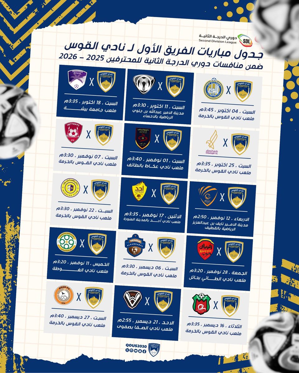 📄| 

جدول مباريات الفريق الأول لكرة القدم
في #دوري_الدرجة_الثانية للموسم الرياضي
2025 - 2026  "الدور الاول" .

#نادي_القوس | #ذئاب_القوس