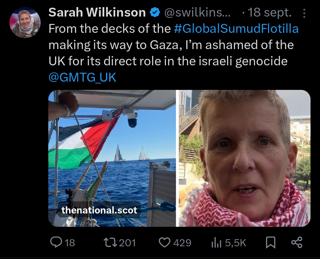 1/ Je vous présente Sarah #Wilkinson, citoyenne britannique, apologue du #Hamas et #négationniste. Elle a rejoint la #GlobalSumudFlotilla pour mettre fin au "génocide" à #Gaza et peut-être rejoindre la "résistance" 🇵🇸, qui sait ?