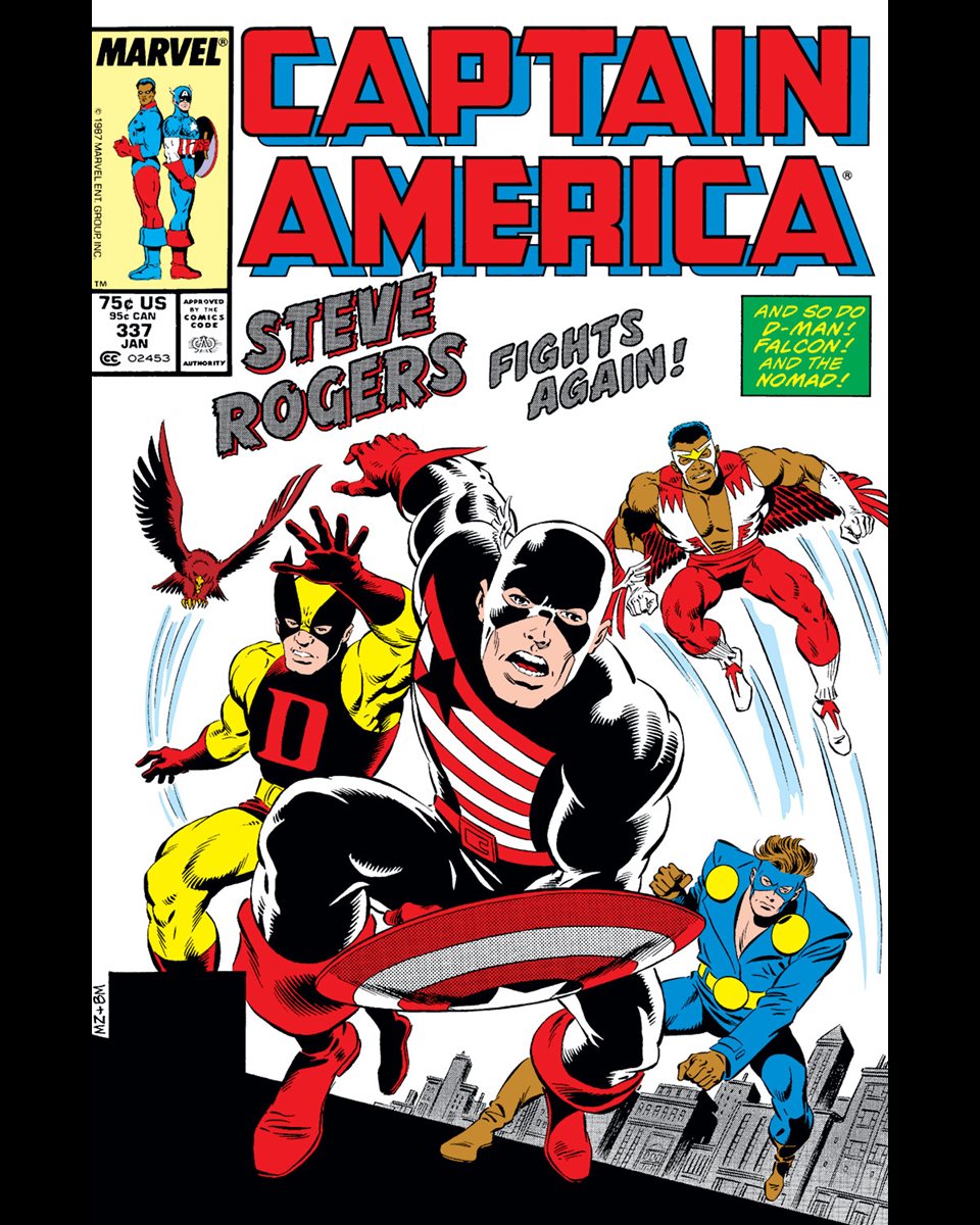 Captain America #337 cover dated January 1988.

Nomad, the Falcon, and D-Man finally track down Steve Rogers and convince him to get back into costume- but it's not the Captain America costume!