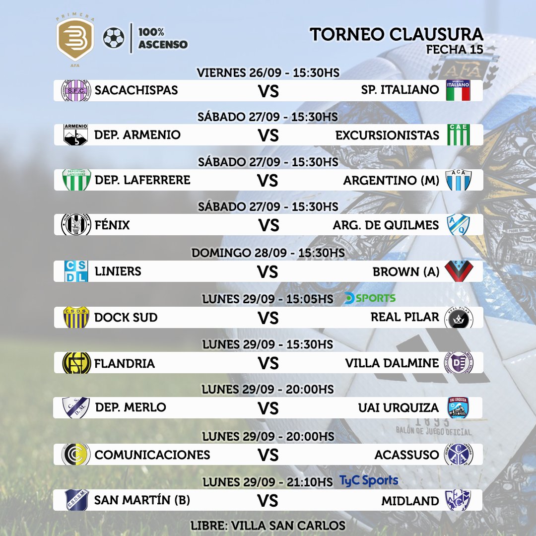 🏆 Primera B Metro

🔜 Desde las 15:30 <a href="/SacachispasOK/">Sacachispas</a> y <a href="/SpItaliano/">Club Sportivo Italiano</a>  abren la fecha 15 del Clausura.

❌ Libre <a href="/CAVSCoficial/">Club Atlético Villa San Carlos</a> 

#primerab 
#bmetro 
#bmetropolitana 
#afa
#ascenso
#ascensoargentino
#fútbol
#futbolargentino