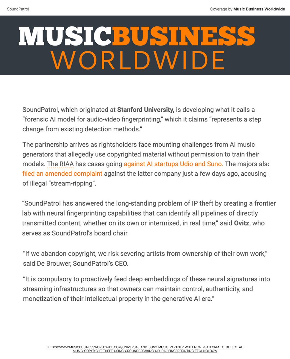 🎉 Honored to see our work featured in Music Business Worldwide (<a href="/musicbizworld/">MBW</a>)

<a href="/TheSoundPatrol/">SoundPatrol</a> collaboration with <a href="/UMG/">Universal Music Group</a> and <a href="/sonymusic/">Sony Music</a> is now live — helping detect AI-generated music copyright infringement using our groundbreaking neural fingerprinting technology

🔐 This is a
