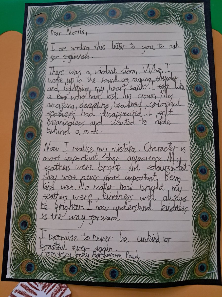 As part of our whole school text, Year 4 wrote letters in the role of Paul the Peacock. They also thought of ways to apply our four school values in their everyday school life.
