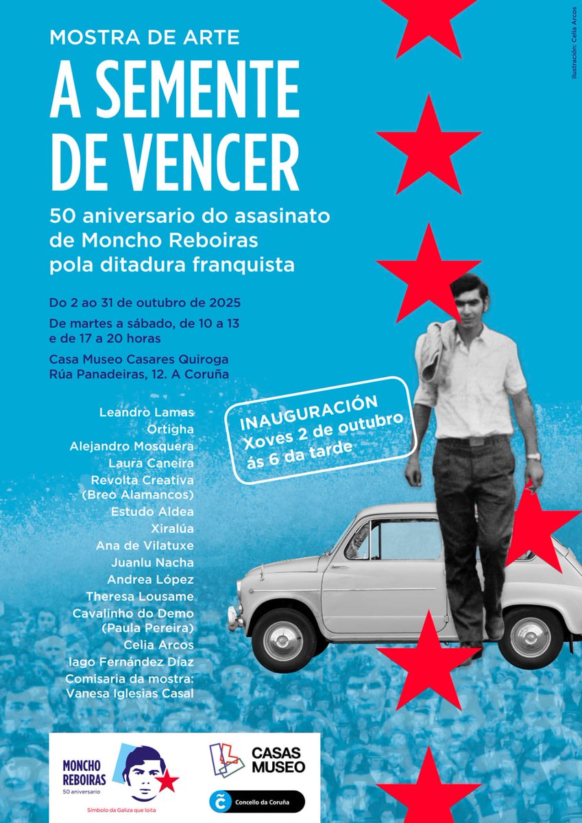 Chega á Coruña a exposición 'A semente de vencer. 50 aniversario do asasinato de Moncho Reboiras pola ditadura franquista', unha mostra de arte comisariada por Vanesa Iglesias coa que se pretende recadar fondos para un monumento a #MonchoReboiras. Inauguración o xoves 2 ás 18 hs
