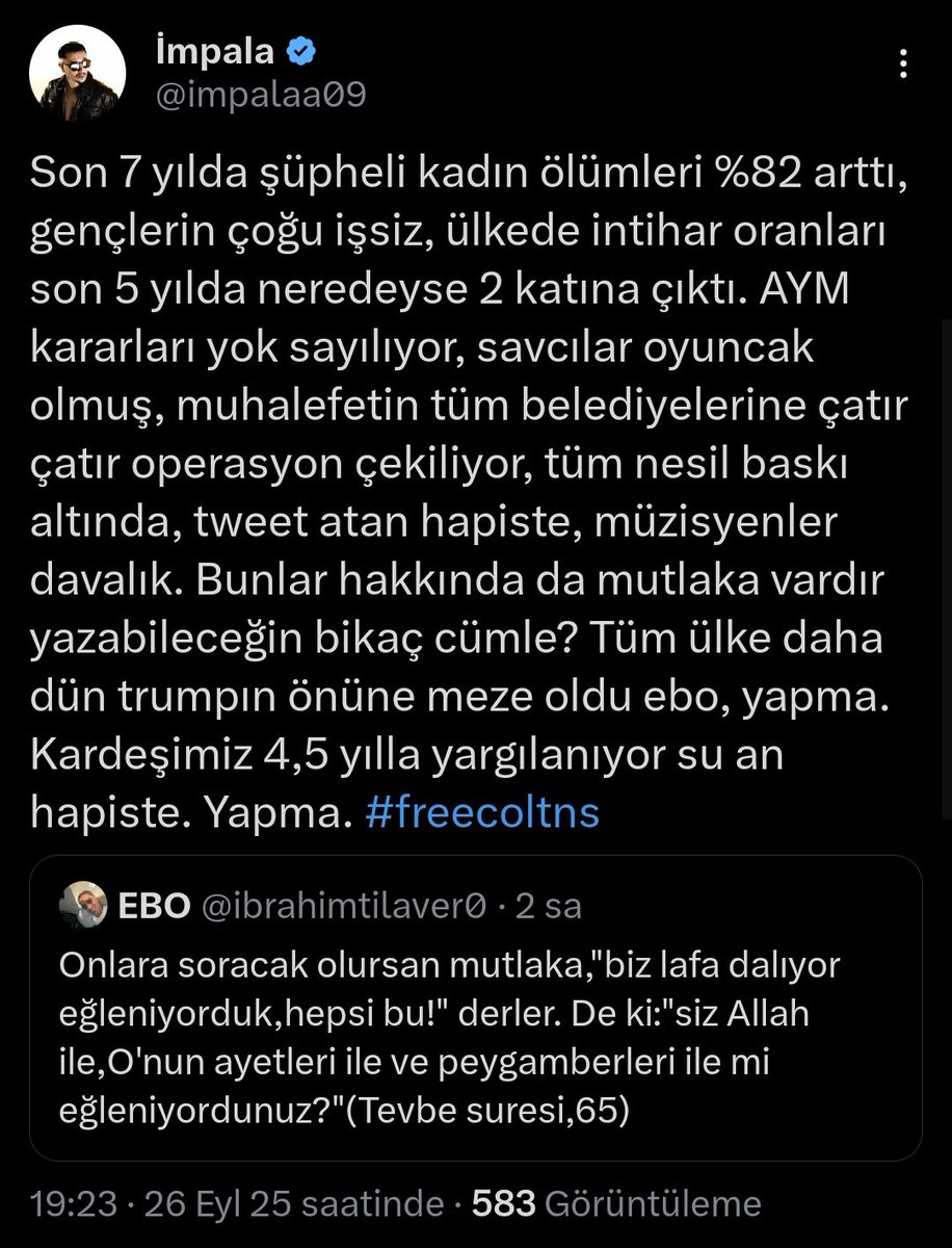 Ebo'nun atmış olduğu tweet'e İmpala'nın yanıtı.