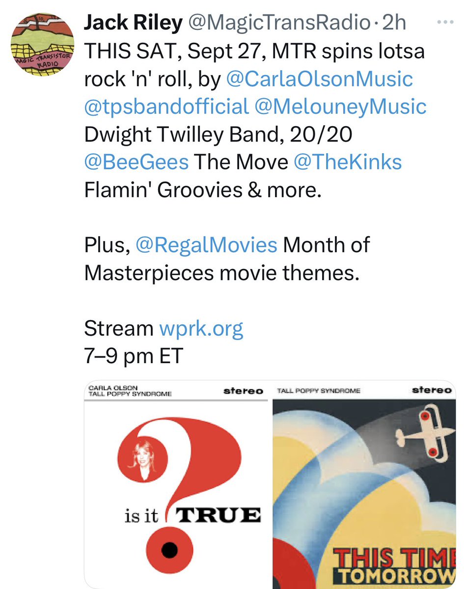 Tall Poppy Syndrome (@tpsbandofficial) on Twitter photo Listen for tracks by Carla Olson and Tall Poppy Syndrome, The Bee Gees, The Move, The Kinks and more on “Magic Transistor Radio” airing Saturday at 7 PM (ET) on WPRK 91.5 FM in Winter Park, Florida.
<a href="/MagicTransRadio/">Jack Riley</a> <a href="/wprk915fm/">WPRK 91.5 FM</a> Listen for tracks by Carla Olson and Tall Poppy Syndrome, The Bee Gees, The Move, The Kinks and more on “Magic Transistor Radio” airing Saturday at 7 PM (ET) on WPRK 91.5 FM in Winter Park, Florida.
<a href="/MagicTransRadio/">Jack Riley</a> <a href="/wprk915fm/">WPRK 91.5 FM</a>