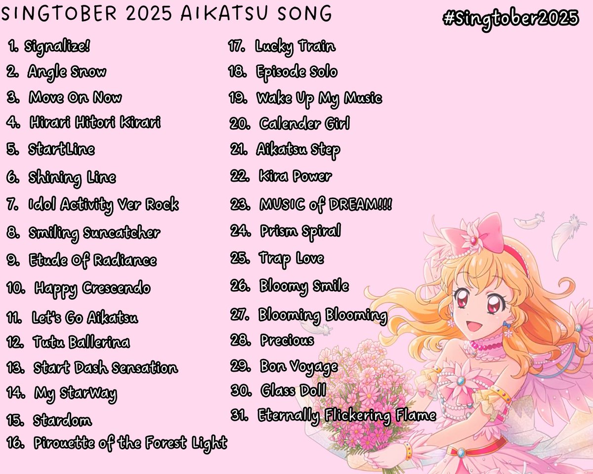 HirariOctavia's tweet photo. Sebentar lagi sudah mau memasuki bulan oktober
It's Time for #Singtober 
aku buat khusus yang pecinta lagu lagu aikatsu
yang mau ikutan silahkan saja ya, jangan lupa QRT post ini 💖 https://t.co/3lQ0LcU8tr