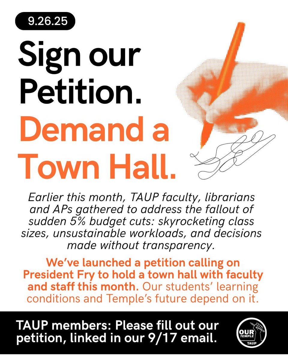 📢 Sign the Petition. Demand a Town Hall. 

Who: TAUP faculty, librarians, and academic professionals
When: This month—before September ends
Why: Because sudden 5% budget cuts are undermining teaching, research, and learning 

📢 TAUP members: check your 9/17 email for a link