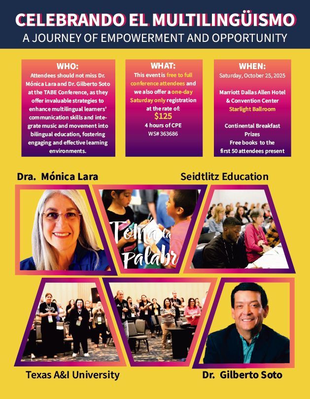 🎤 Thrilled to announce our keynote and featured speakers for #TABE2025! 📅 Join us in Dallas/Allen from Oct 22-25 for inspiring sessions on bilingual education, leadership, and more! ✨ Discover the full schedule and sign up now: tabe.org/tabe2025