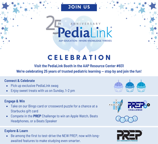 PediaLink's tweet photo. 🚨 It’s almost time! The #AAP2025 exhibit hall opens TOMORROW 🎉 PediaLink is ready to celebrate 25 years with you in Denver 🏔️ Swing by our booth for exclusive giveaways, contests, and your chance to test drive the NEW PREP. 🩺📚 #PediaLink25 #Pediatrics https://t.co/5yzJ4200mU