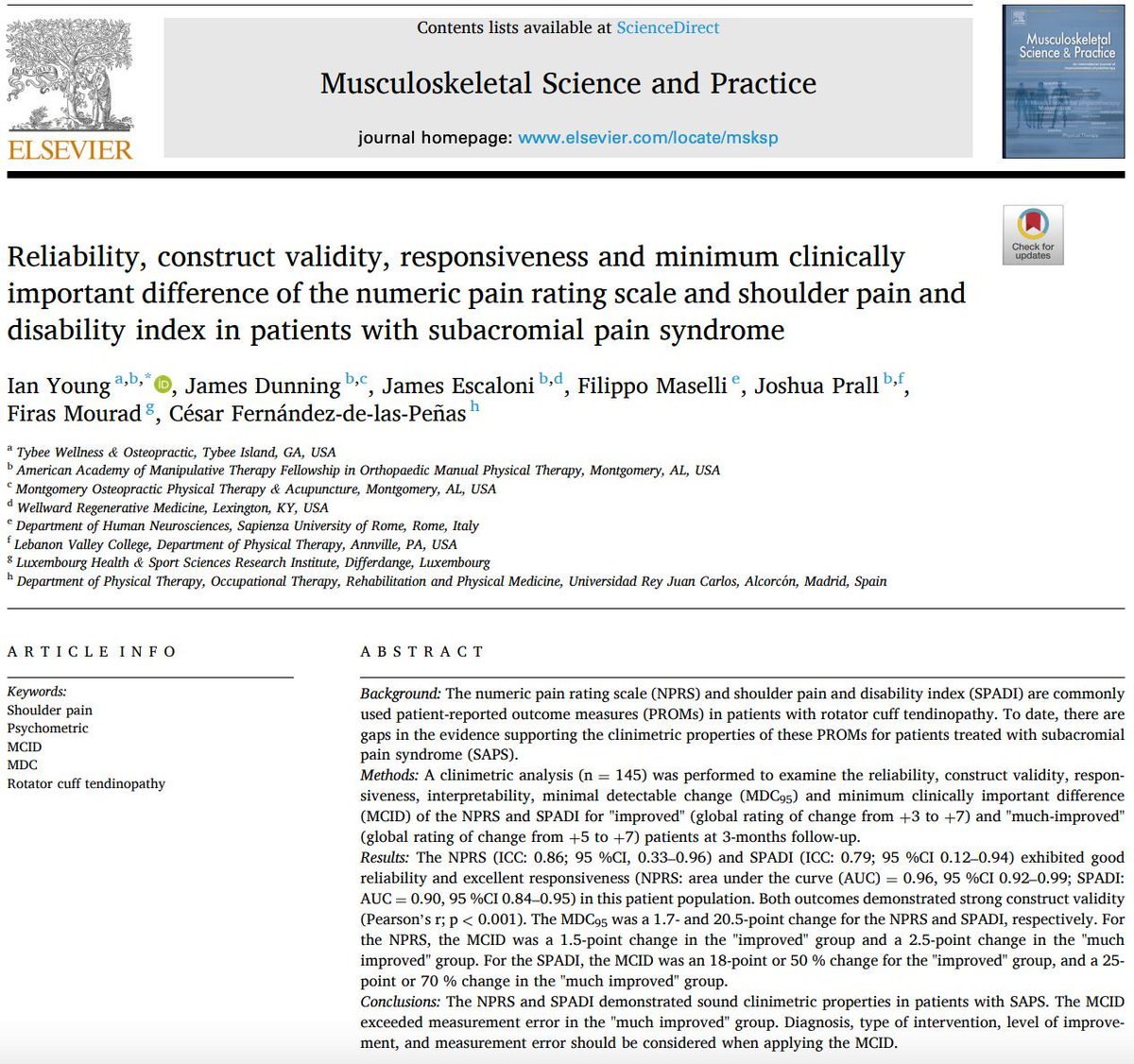 📊 How much change on pain &amp; disability scales is clinically meaningful? ✅ This new study buff.ly/17WVxGd shows that for subacromial pain syndrome, a 1.5–2.5 point drop on the NPRS and an 18–25 point (50–70%) drop on the SPADI are reliable &amp; responsive outcomes.