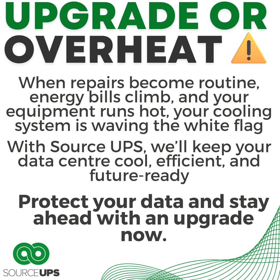 SourceUPSLtd's tweet image. 🔥 Upgrade or overheat. The choice is yours.
If repairs are frequent, energy bills keep rising, and your equipment runs hot, it's time to act.
With Source UPS, your data centre stays cool, efficient and ready for the future. Protect your data before failure hits.