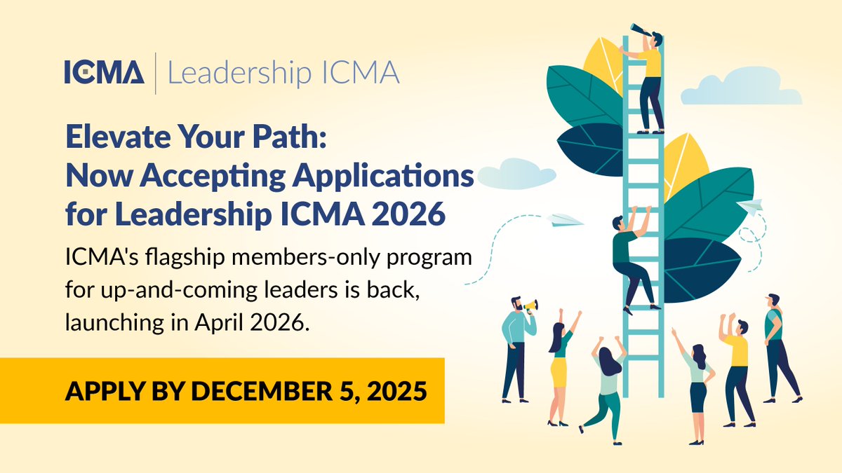 ICMA's tweet image. Unlock your leadership potential with Leadership ICMA, a yearlong program building core #localgov management skills, from ethics to innovation. Includes 12 modules, networking, and a capstone project. Apply by Dec. 5th to grow, connect, and lead! bit.ly/46hCXJB