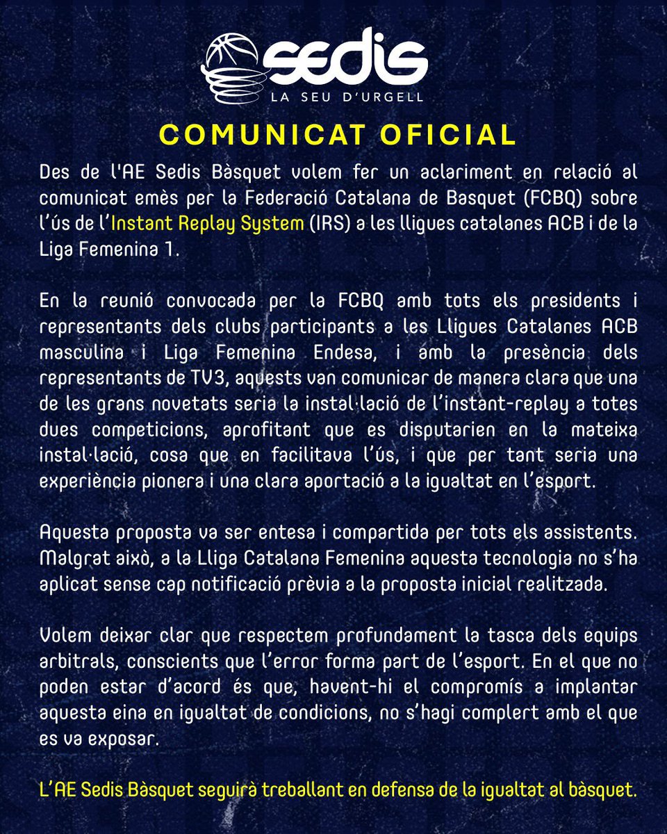 📣 Aclariment de l’AE Sedis Bàsquet

En relació al comunicat de la <a href="/FCBQ/">FCBQ</a> , volem aclarir que, tot i anunciar-se l’ús de l’Instant Replay a ambdues Lligues Catalanes, no es va aplicar a la femenina, sense notificació als clubs.

📄 Comunicat complet a la imatge.