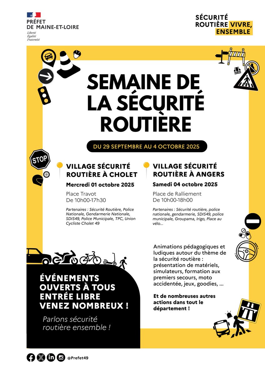🚦Semaine de la #sécuritéroutière en Maine-et-Loire du 29 sept. au 4 oct.

👉2 villages sécurité routière pour sensibiliser aux bons comportements pour sauver des vies
📍#Cholet : mer. 1er oct., 10h-17h30, Place Travot
📍#Angers : sam. 4 oct., 10h-18h, Place du Ralliement
