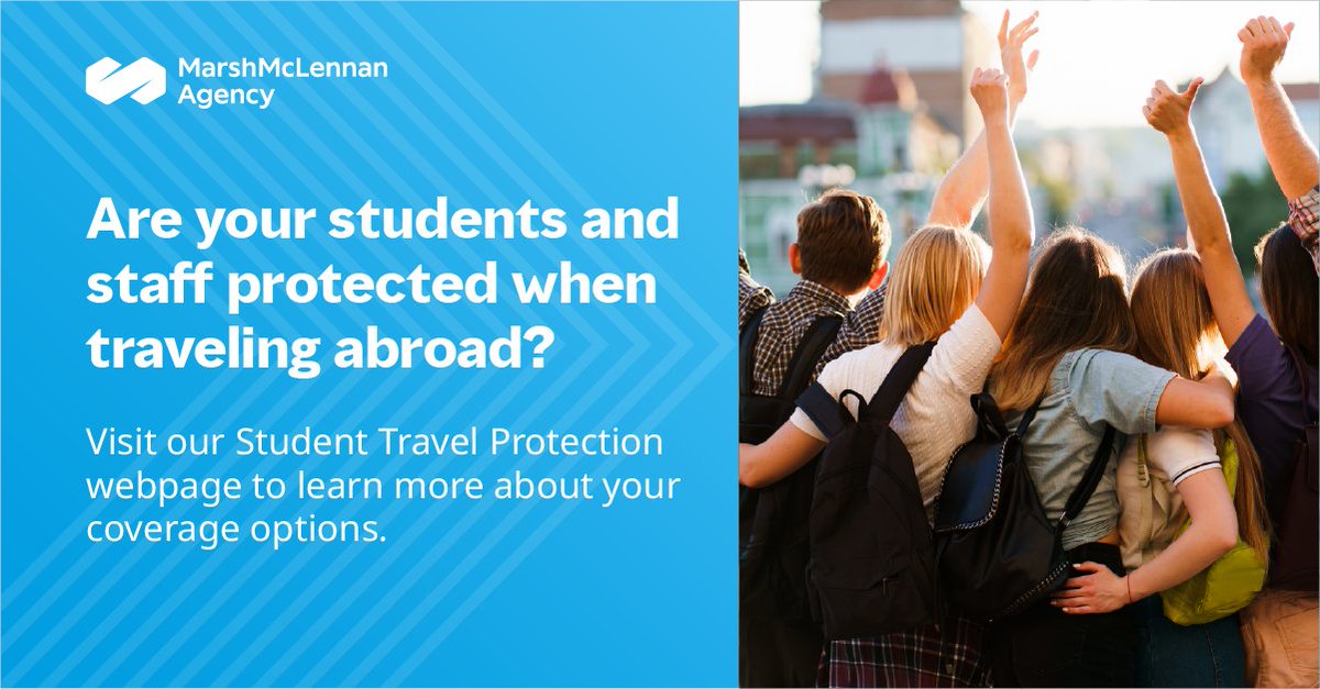 Marsh_MMA's tweet image. If your school has students and faculty that are planning to travel abroad this year, make sure they&apos;re protected so they can enjoy the journey to the fullest extent. Visit our website to learn more: marshmma.com/us/solutions/s…. #Education #StudentTravel #RiskMitigation
