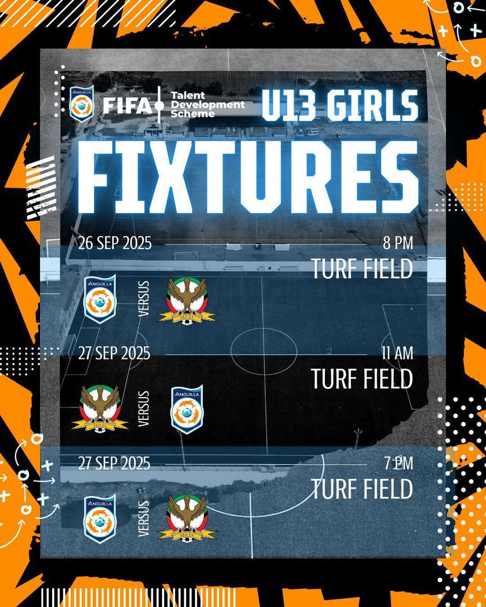 ⚽ Girls’ Football Action This Weekend! ⚽

The Anguilla Football Association is hosting the U13 TDS Girls Friendlies Series this Friday and Saturday, September 26–27, 2025!

 • Friday – 8:00 PM
 • Saturday – 11:00 AM &amp; 7:00 PM

It’s Anguilla 🇦🇮 vs St. Kitts &amp; Nevis x 3!