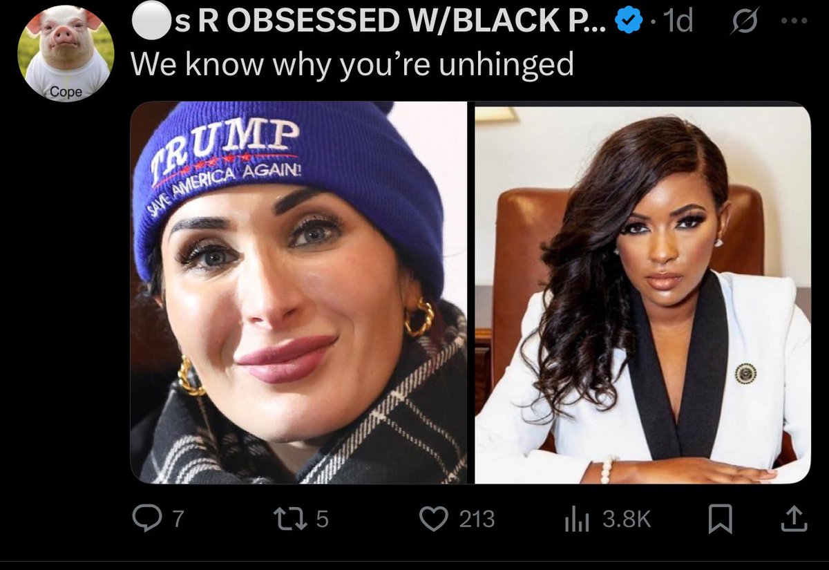 Why are we going to act like <a href="/LauraLoomer/">Laura Loomer</a> is anything above a non melanated hood booger? I mean I’m not a fan of <a href="/JasmineForUS/">Jasmine Crockett</a> but Laura is just racist insecure fix a flat face heaux that is aging like milk