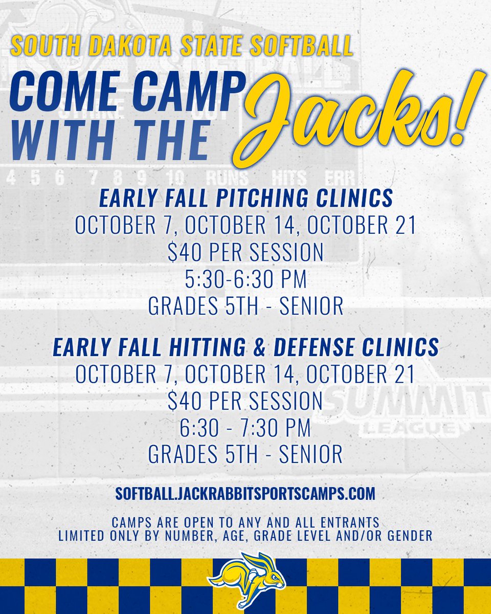 We've got multiple clinics to sign up for next month! There's still time to join us. 

Details and registration available at: softball.jackrabbitsportscamps.com