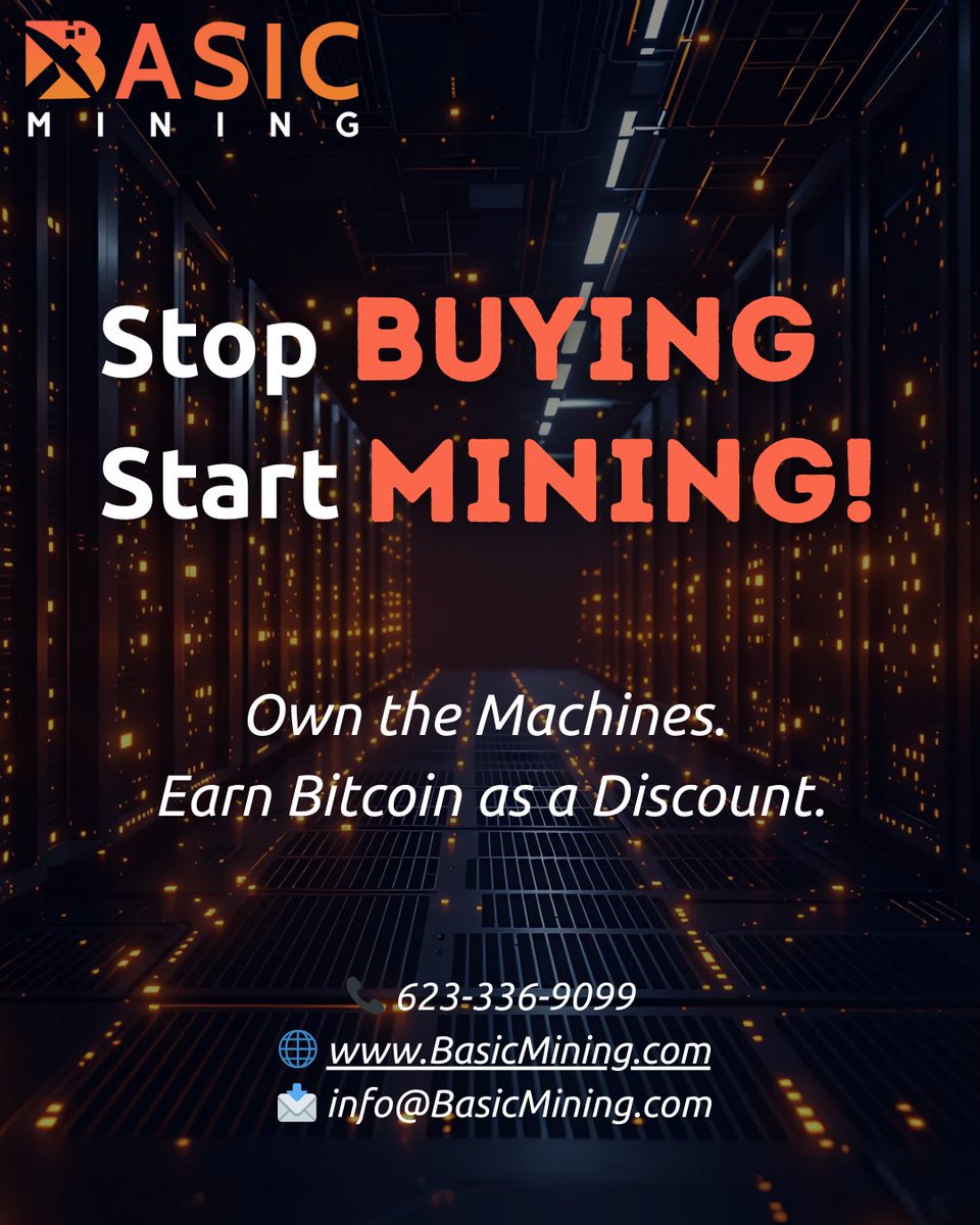 BasicMining's tweet image. 💡 Stop Buying. Start Mining.

Why just buy Bitcoin when you can earn it daily?
With Basic Mining, you get:
⚡️ Competitive power rates (6.5¢/kWh)
💰 Predictable daily BTC payouts
🔒 Secure hosting &amp;amp; real-time tracking

👉 Own the machines. Earn the Bitcoin. Build your future.

📞…