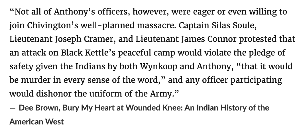 <a href="/JamesSurowiecki/">James Surowiecki</a> “that it would be murder in every sense of the word,” and any officer participating would dishonor the uniform of the Army.”
Dee Brown, Bury My Heart at Wounded Knee