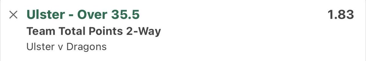 ✋🏼 𝐔𝐥𝐬𝐭𝐞𝐫 𝐯 𝐃𝐫𝐚𝐠𝐨𝐧𝐬 🐉

Ulster Over 35.5 Team Total Points @ 1.83 (1u) 🏉

Available at Bet365, Betfair, Paddy Power &amp; Skybet 📚

Round 1 of this seasons United Rugby Championship and Ulster kick it off at home against the worst performing team in the URC over the