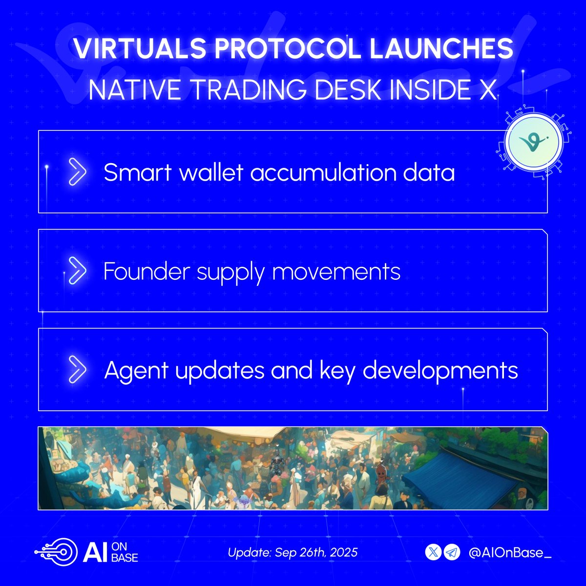 AIonBase_'s tweet image. .@virtuals_io launches native trading desk inside X.

Get daily insights delivered to your X DMs on agents you own or track:

→ Smart wallet accumulation data 

→ Founder supply movements
→ Agent updates and key developments

No need to switch platforms or check multiple…