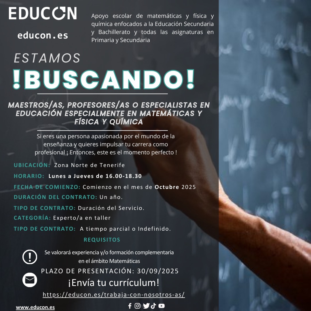 ✨ EDUCON abre vacante para Profesor/a de Primaria y Secundaria en Zona Norte de Tenerife

📢 ¿Quieres formar parte del equipo EDUCON? 🌟
¡Te estamos buscando!
📚 Profesor/a de Educación Primaria o Secundaria