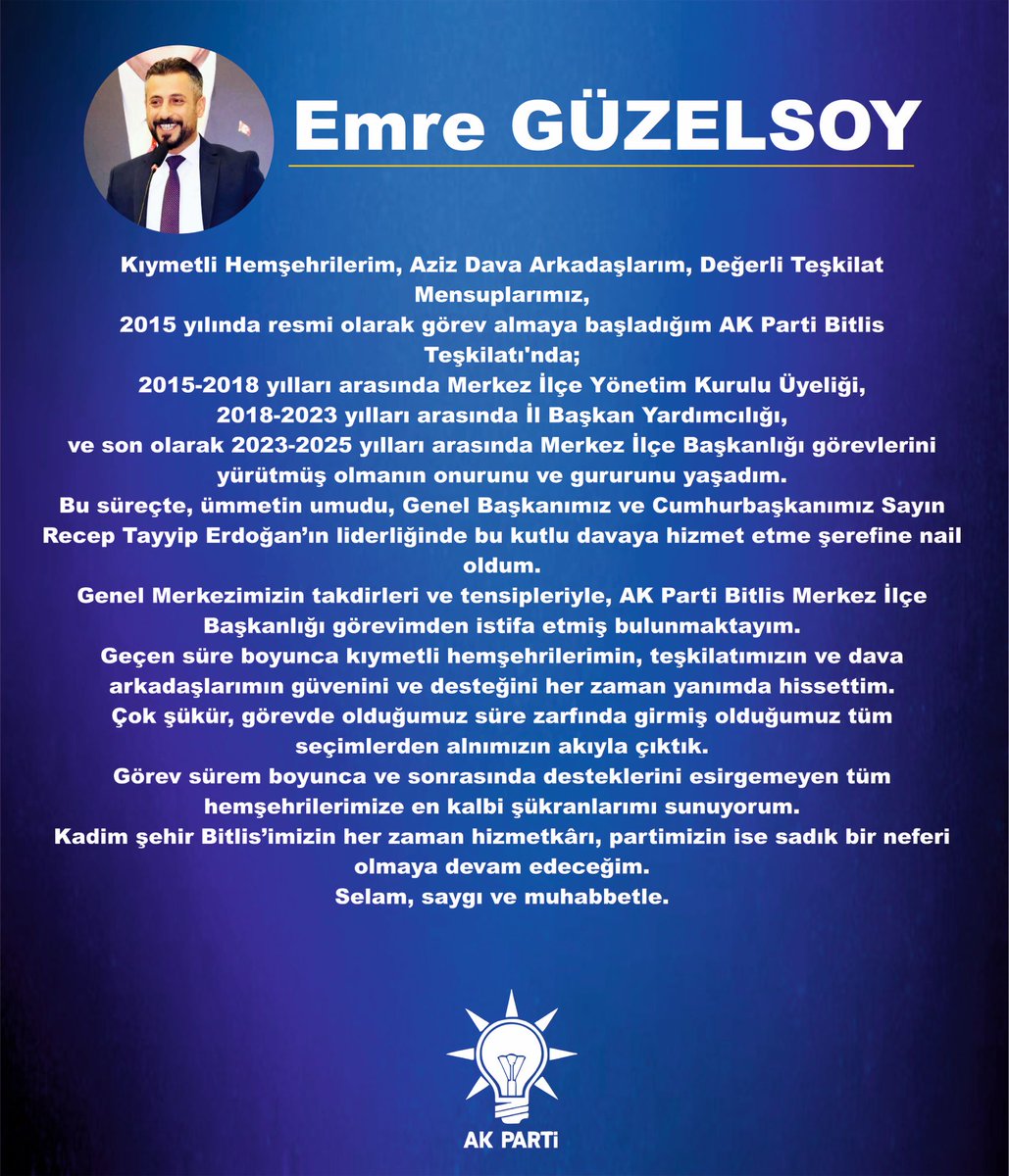 Kamuoyuna Saygıyla Duyurulur...
<a href="/RTErdogan/">Recep Tayyip Erdoğan</a>
<a href="/abuyukgumus/">Ahmet Büyükgümüş</a>
<a href="/T_Bedirhanoglu/">Turan Bedirhanoğlu</a>
<a href="/MustafaAlkayis/">Av. Mustafa Alkayış</a> 
<a href="/RamazannArkan/">Av.Ramazan ARKAN</a> 
<a href="/AKGMTeskilat/">AK Parti Teşkilat Başkanlığı</a> 
<a href="/Ntanglay/">Nesrullah TANĞLAY 🇹🇷</a>