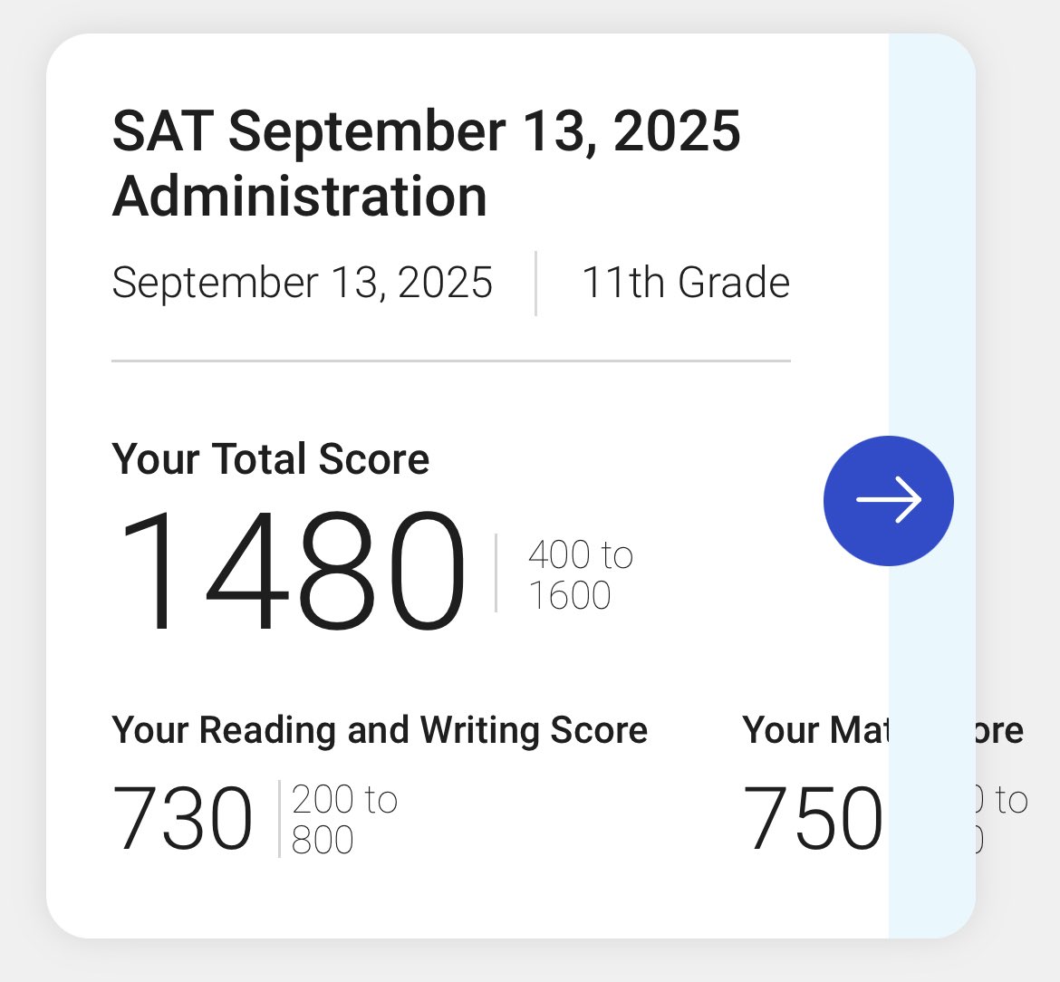 Just got my September SAT score back! Really excited about my results.

<a href="/CoachMary_Brown/">Mary Holt-Kelsch</a> <a href="/kristinhallam/">Kristin Hallam</a> <a href="/LaurinKrings/">Laurin  Krings</a> <a href="/ChristieNovatin/">Coach Novie</a>
<a href="/CoachSween/">Lisa Van Ackeren</a> <a href="/katedrohan/">Kate Drohan</a> <a href="/CarylDrohan/">Caryl Drohan</a> <a href="/Mgascoigne32/">Michelle Gascoigne</a> <a href="/JenWilliamsDSB/">Jen Williams</a> <a href="/JenTeague24/">Coach Teague (she/her)</a> <a href="/ashleyweingartz/">Ashley Weingartz</a> <a href="/sydbenz/">Sydney Benz</a> <a href="/CoachDavis1321/">Alyssa Davis</a>  <a href="/Coach_India_C/">Coach India (Chiles) / SlapperNation</a>