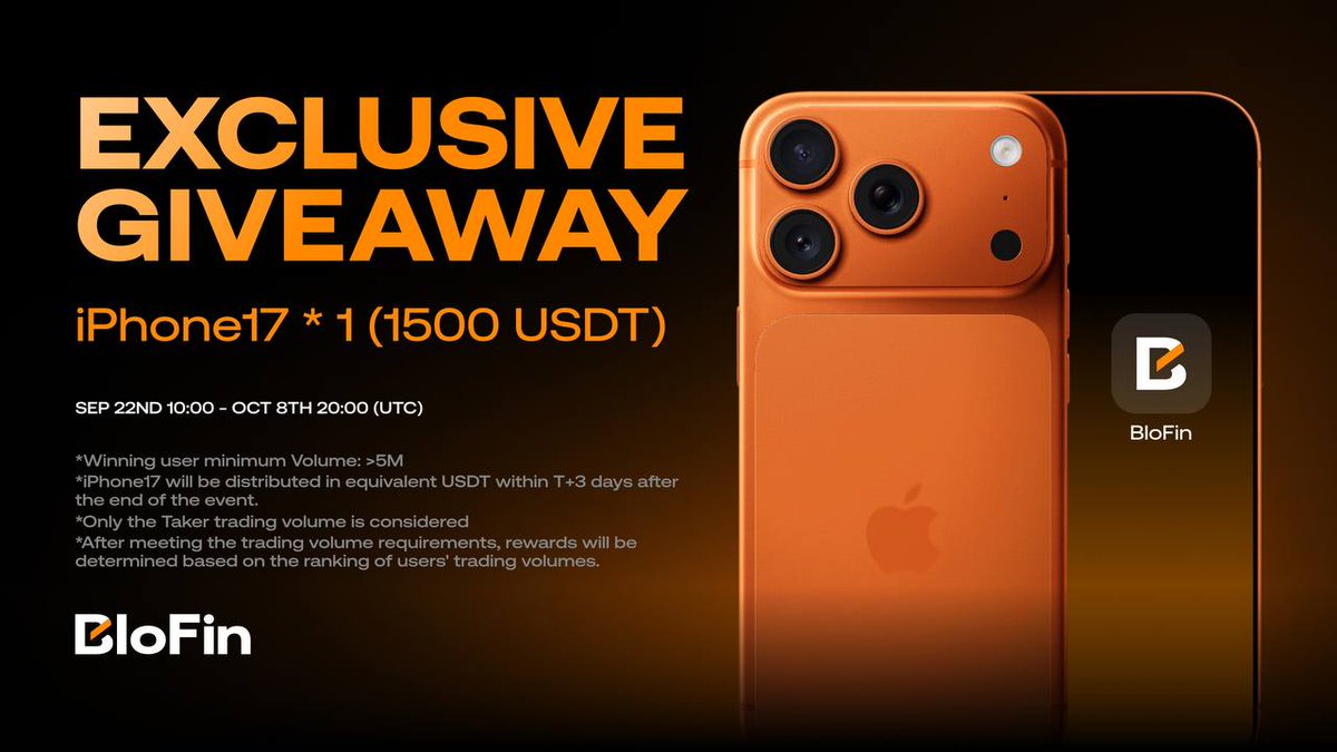 Stuart (@stuart_crwon) on Twitter photo ๐ <a href="/BloFin_Official/">BloFin Exchange</a> just dropped a serious trading challenge!
They're giving an iPhone 17 (1500 USDT) to the top trader who clocks the highest Taker volume.
The minimum is 5M USDT... that's the real test.
If you're already trading big, why not compete and grab a free phone? ๐ <a href="/BloFin_Official/">BloFin Exchange</a> just dropped a serious trading challenge!
They're giving an iPhone 17 (1500 USDT) to the top trader who clocks the highest Taker volume.
The minimum is 5M USDT... that's the real test.
If you're already trading big, why not compete and grab a free phone?