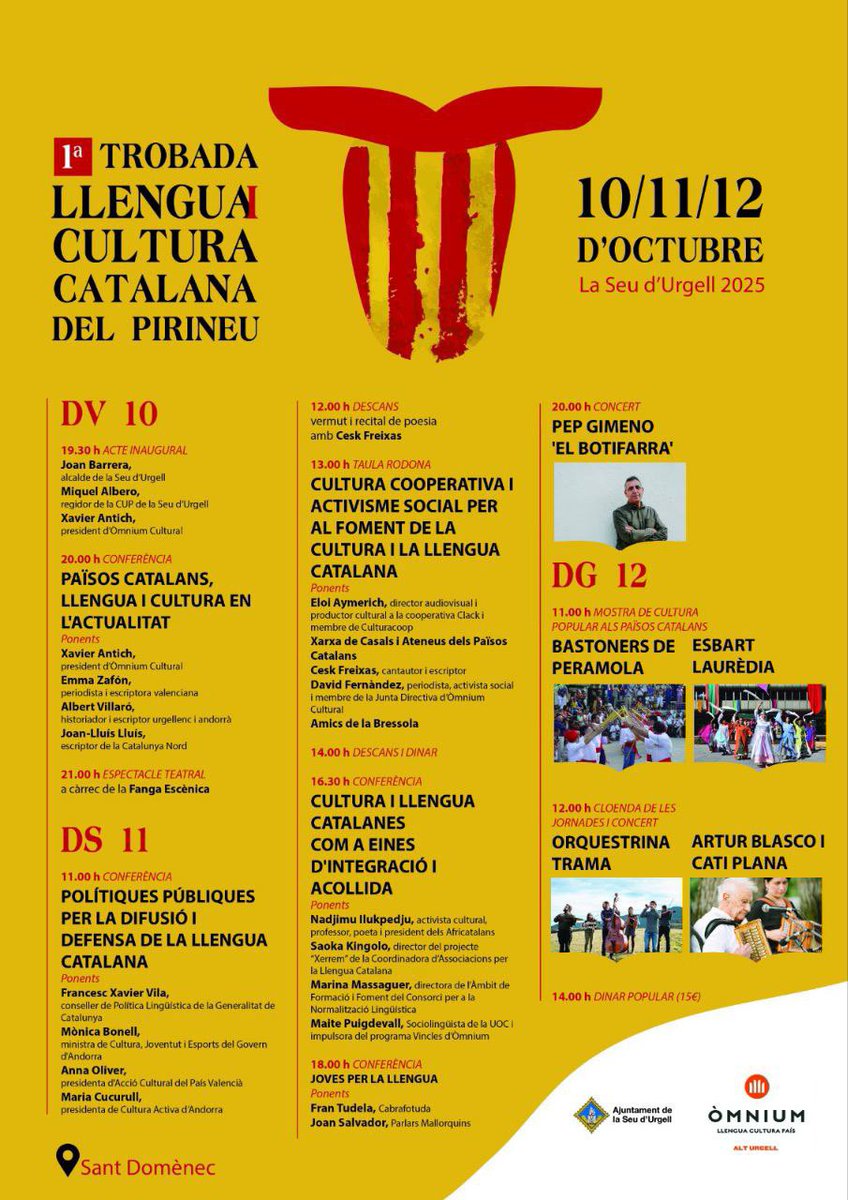 1a Trobada de Llengua i Cultura Catalana del Pirineu, que se celebrarà els dies 10, 11 i 12 d’octubre a La Seu d’Urgell! 🏔️📚

Unes jornades impulsades amb l’acord de pressupostos entre la CUP i l’equip de govern, per posar la llengua al centre del debat polític i social.
