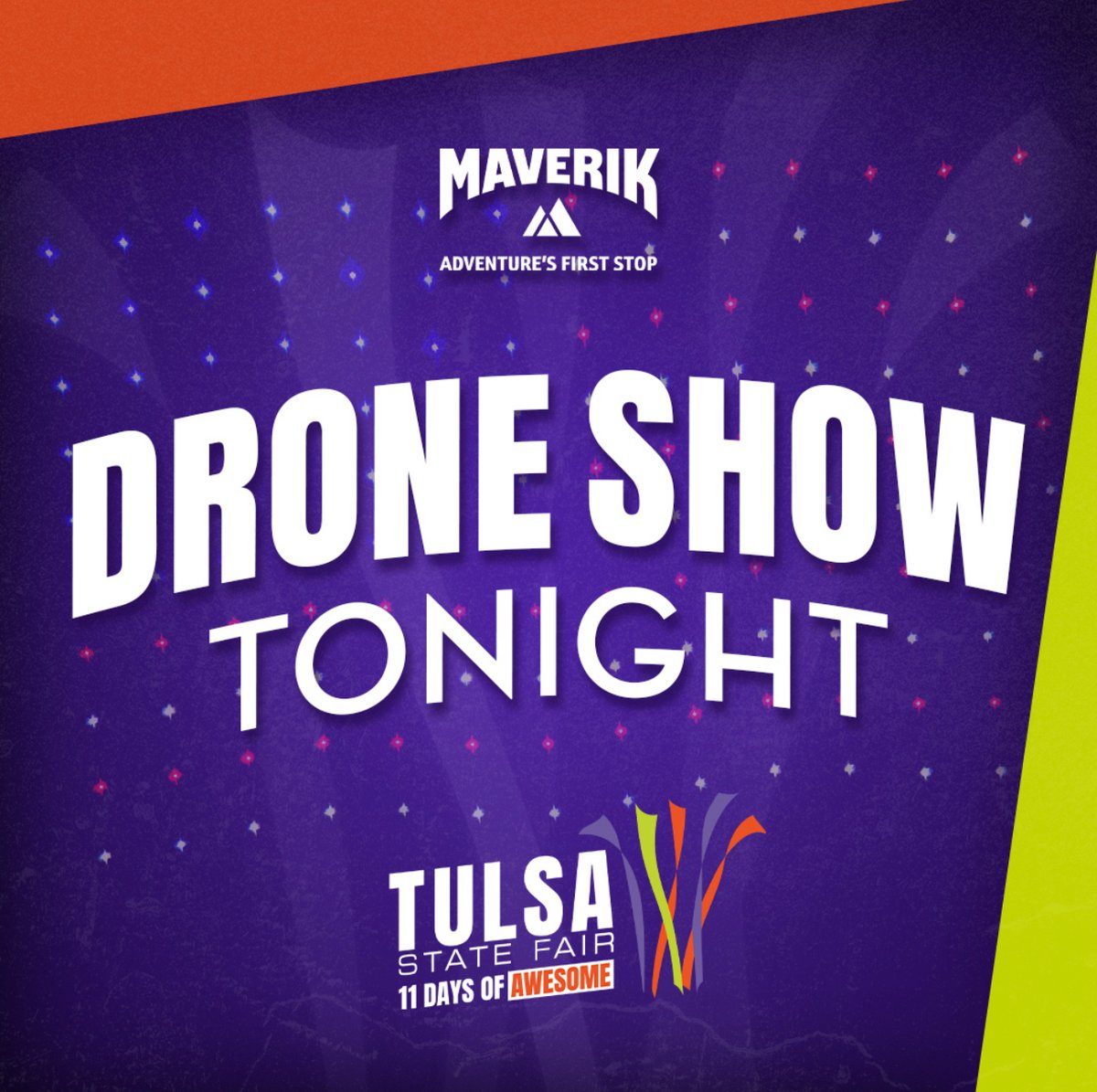 Lights, sky, action! 🚁✨ Catch the Drone Show Presented by Maverik at 9 PM tonight at the Tulsa State Fair!