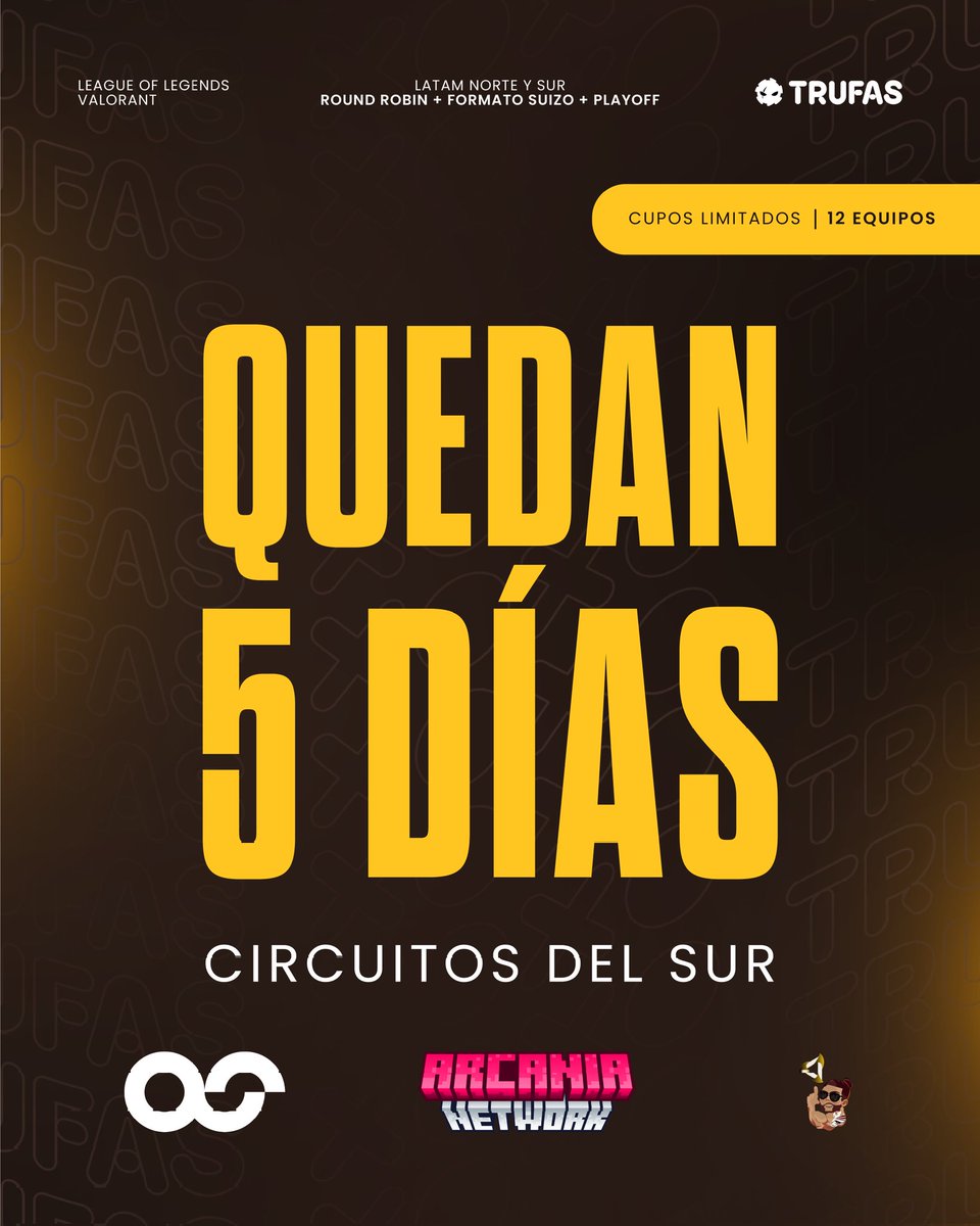 CIRCUITOS DEL SUR
¿Te gusta lo que hacemos? 💪❤️

- QUINCE juegos garantizados ⚔️
- Formatos reagendables 📅

REGISTROS 🎫
beacons.ai/somostrufas/es…

Se agradecen RT's ♻️
#LeagueOfLegends #Valorant #Torneos #Esports #Competitivo #TrufasEsports #LATAM #CircuitoTrufas