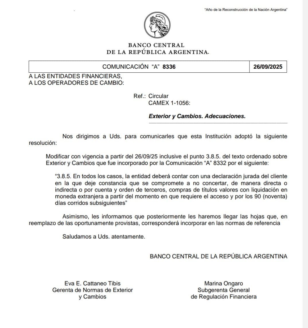 Viva la Libertad y coso! 😮‍💨👇🏻

El BCRA acaba de imponer 90 días sin poder operar dólar MEP/CCL a quienes accedan al oficial. 

El “gobierno liberal” repite los métodos del kirchnerismo que decía combatir. Parches, contradicciones e improvisación: populismo. 

#volvioelcepo