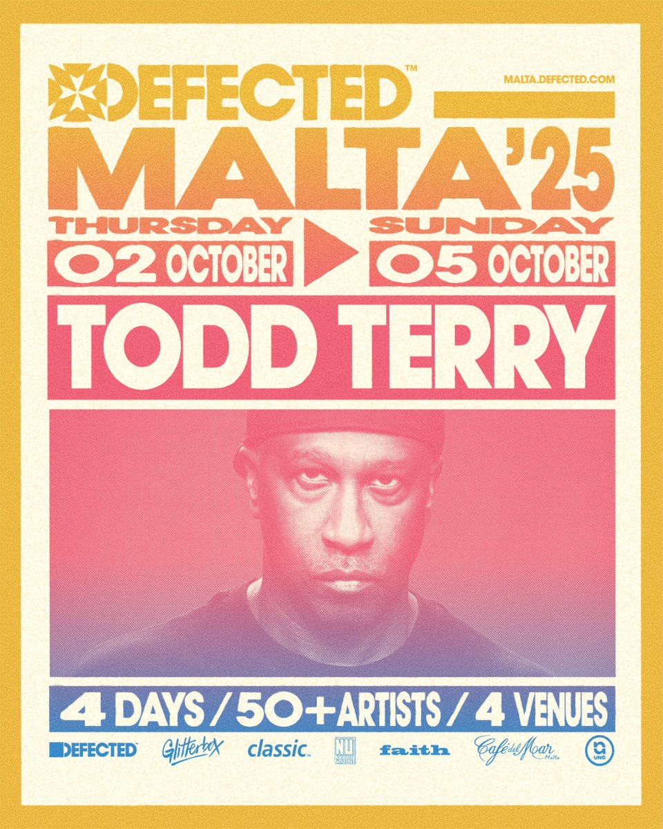 djtoddterry's tweet photo. @djtoddterry is heading to
@DefectedRecords Malta 2025
#DefectedMalta
Thursday- Sunday 02-05 October 4 Days
Tix/Info https://t.co/LUrdO9kfyt https://t.co/QkT6w0AUol