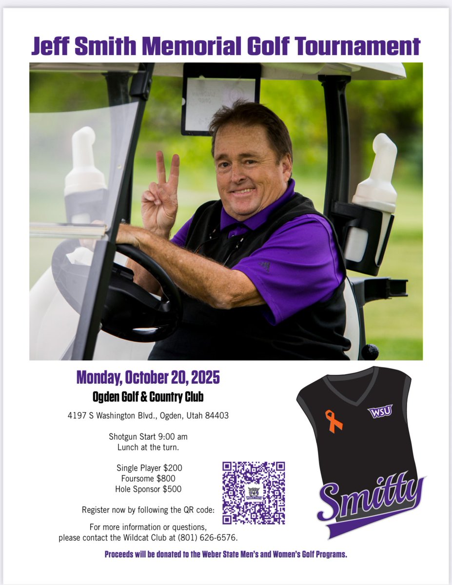 Please join us in the annual Jeff Smith Memorial Tournament at the Ogden Golf &amp; Country Club. This event helps raise money for our men’s and women’s golf programs and lets us remember a special man in the Weber State and Golf community. Hope to see you there.