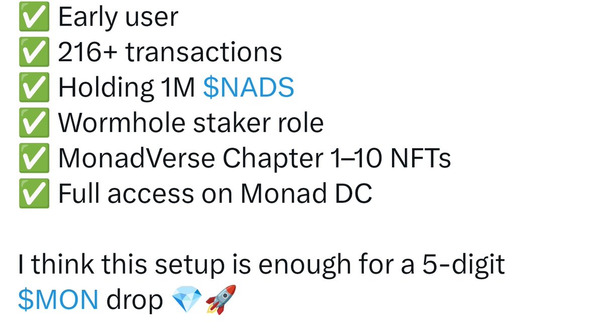 MaranDefi's tweet photo. Monad 🪂

1) Early user ✅

2) 216+ transactions (Bots having thousands)

3) Holding 1M nads NFT ✅

4) Wormhole stakers (Stake to get airdrop is bad)

5) Monadverse NFTs (It is not official Monad NFT)

6) Full access ✅

👉 Sorry, but achieving 5 fig 🪂 is very difficult with this setup.