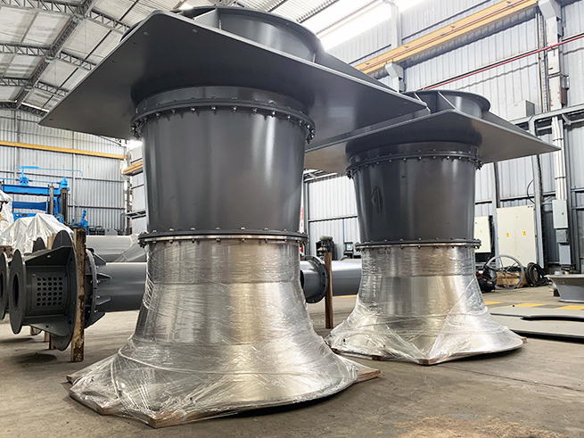 Two (2) Morrison Axial Flow Impeller Open Discharge Pumps with stainless steel intakes, ready for delivery.