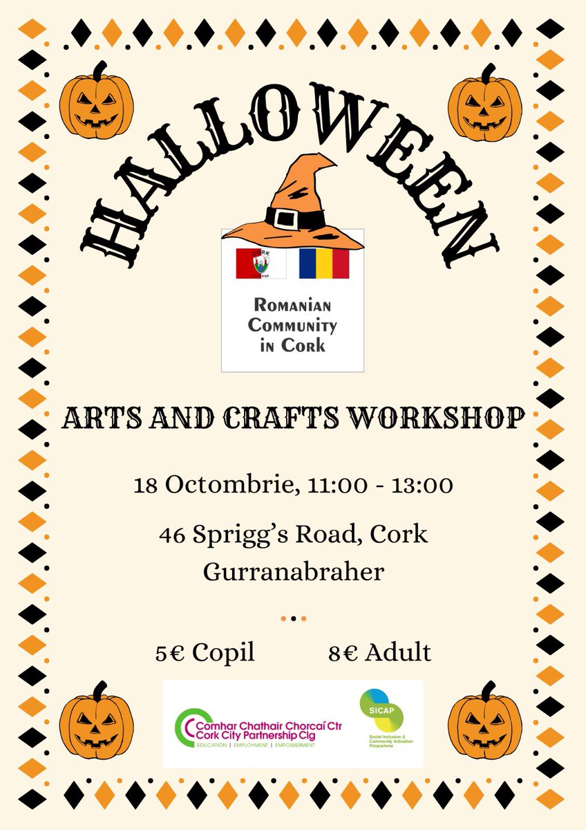 🎃👻 Get creative this Halloween! Join our Arts &amp; Crafts Workshop with Mihaela Dragan &amp; Alina Cîmpean – fun for kids &amp; adults, with smiles, surprises &amp; spooky vibes! 🖌️✨

📍 46 Sprigg’s Rd, Cork
🗓️ Oct 18 | 11:00–13:00
💶 €5 kids | €8 adults

#Halloween #CorkEvents #FamilyFun