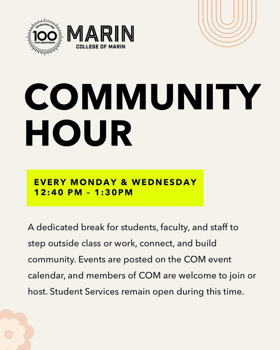 Join us for COMmunity Hour every Monday and Wednesday from 12:40–1:30 pm.

A chance for students, faculty, and staff to connect, relax, and enjoy time together outside the classroom. Stay tuned for some amazing events coming up!