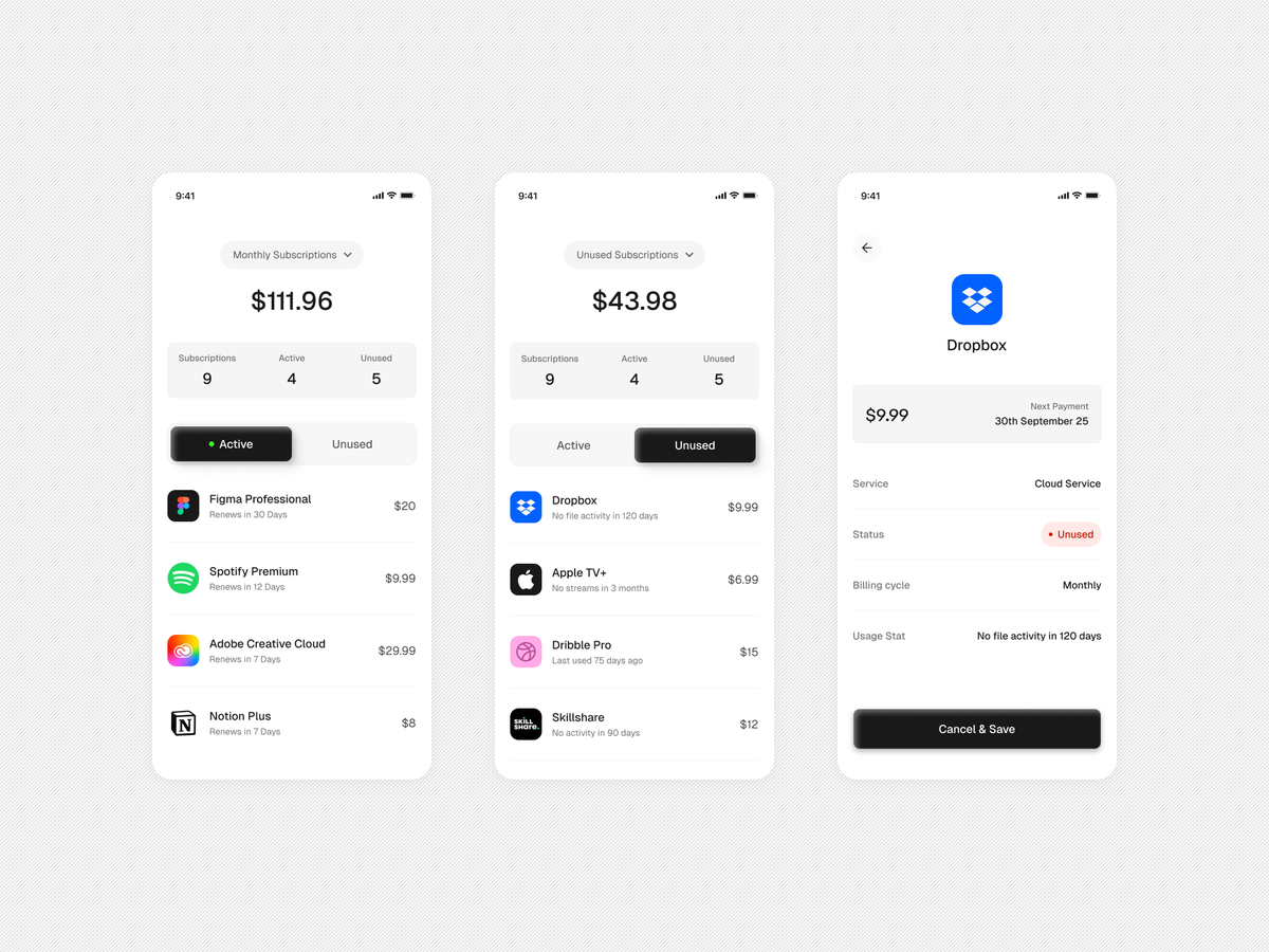 Day 12

I designed Subscription Graveyard — a concept for managing the subscriptions we forget about but still pay for.

It helps to:
- Spot underused subscriptions
- See how much they actually cost per year
- Cancel with one tap &amp; put that money back where it matters