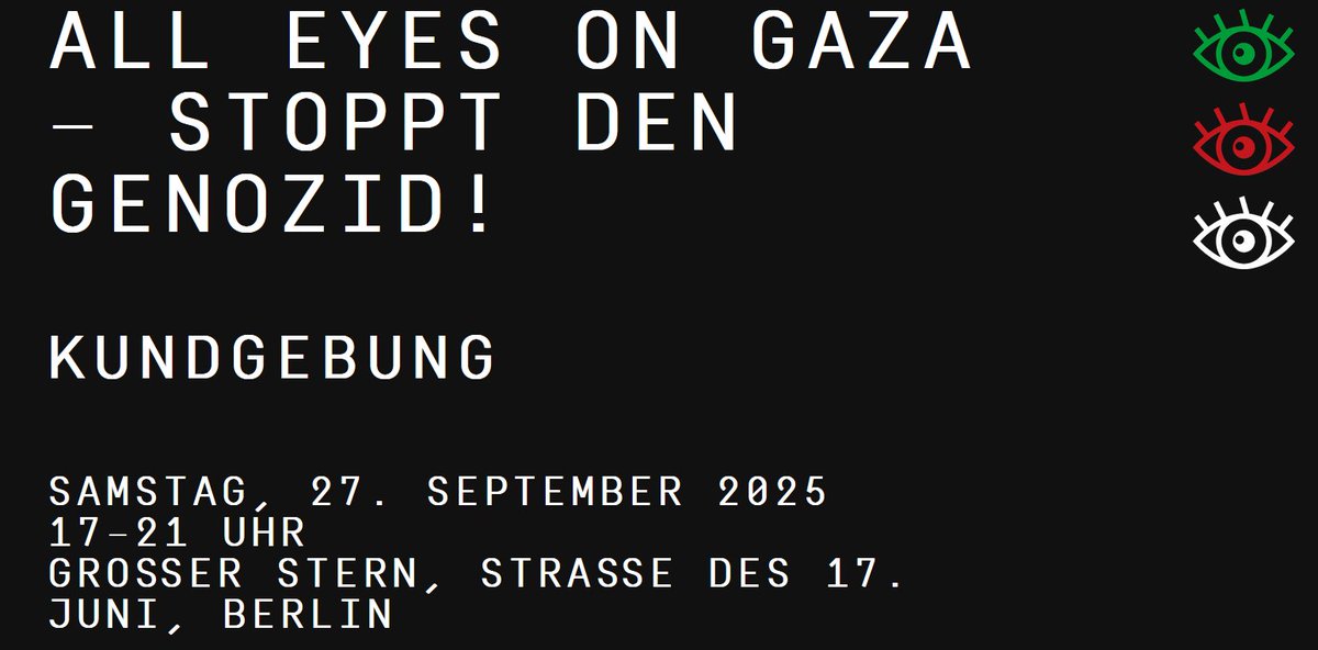 📢 MORGEN 
ALLE RAUS
AUF DIE STRAßE 
FÜR GAZA!

Für ein Ende des #Genozid|s in #Gaza 
Für Völkerrecht &amp; Menschenrechte für ALLE
Gegen deutsche Doppelstandards

Kommt!
⬇️