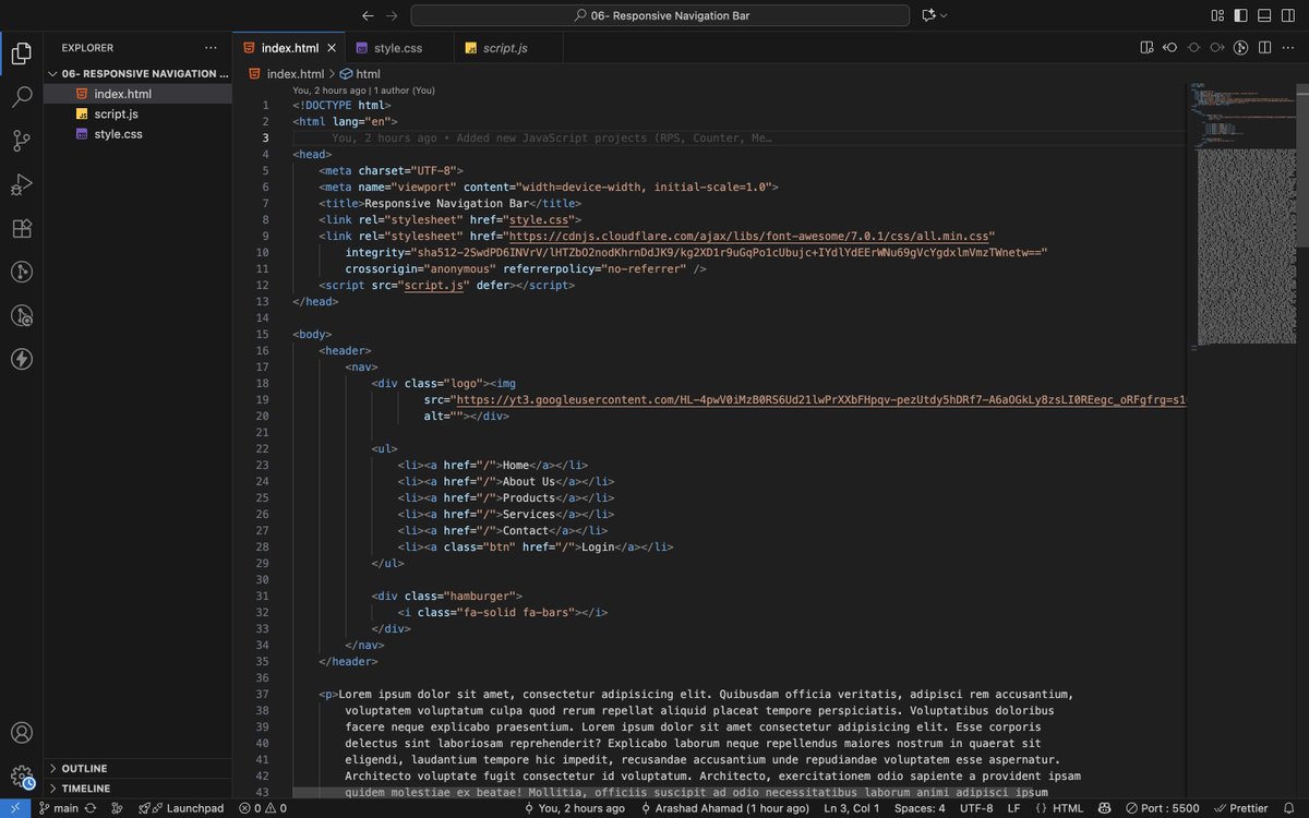 ArashadAhamad10's tweet image. Post 1:
Day 138 of #200DaysOfCode
🚀 Responsive Navigation Bar
🛠 Built with HTML, CSS & JavaScript
📱 Hamburger Menu for mobile
🎯 Highlights: Responsive design, Flexbox, Media Queries, JS toggle
#Frontend #WebDevelopment #HTML #CSS #JavaScript #CodingJourney #WebDev