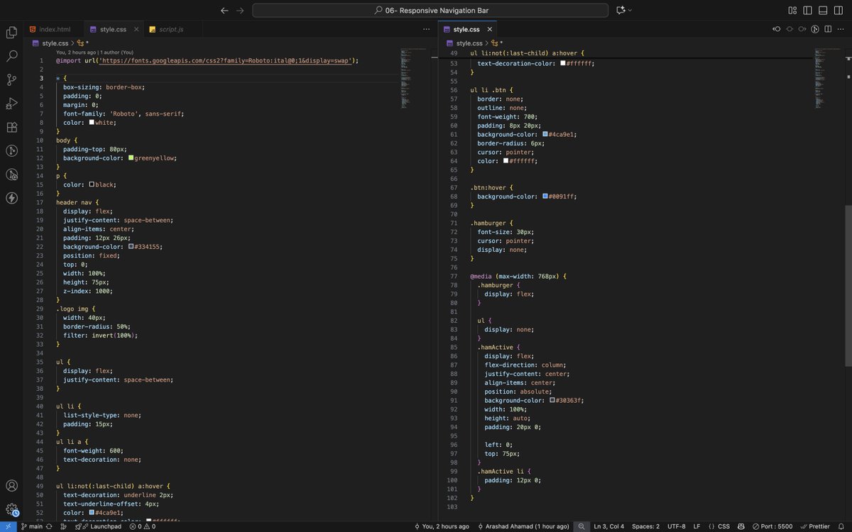 ArashadAhamad10's tweet image. Post 1:
Day 138 of #200DaysOfCode
🚀 Responsive Navigation Bar
🛠 Built with HTML, CSS & JavaScript
📱 Hamburger Menu for mobile
🎯 Highlights: Responsive design, Flexbox, Media Queries, JS toggle
#Frontend #WebDevelopment #HTML #CSS #JavaScript #CodingJourney #WebDev