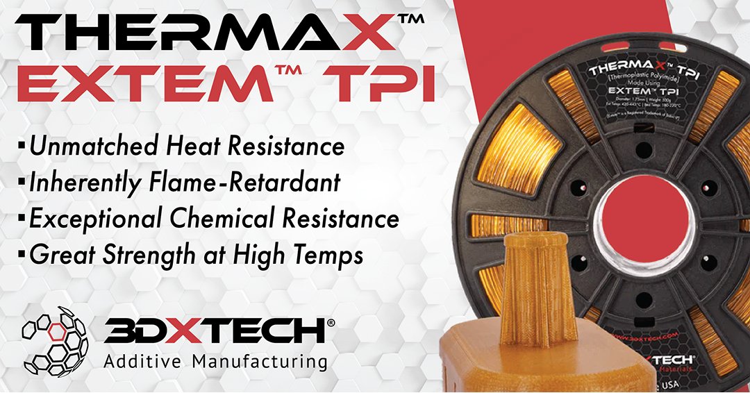 3DXTech (@3dxtech) on Twitter photo ThermaX TPI is built for extreme performance. With a Tg of 247°C, HDT of 230°C, outstanding chemical resistance, inherent flame retardancy, and excellent dimensional stability, this ultra-polymer thrives in the toughest environments. Strong, reliable, and more cost-effective than ThermaX TPI is built for extreme performance. With a Tg of 247°C, HDT of 230°C, outstanding chemical resistance, inherent flame retardancy, and excellent dimensional stability, this ultra-polymer thrives in the toughest environments. Strong, reliable, and more cost-effective than